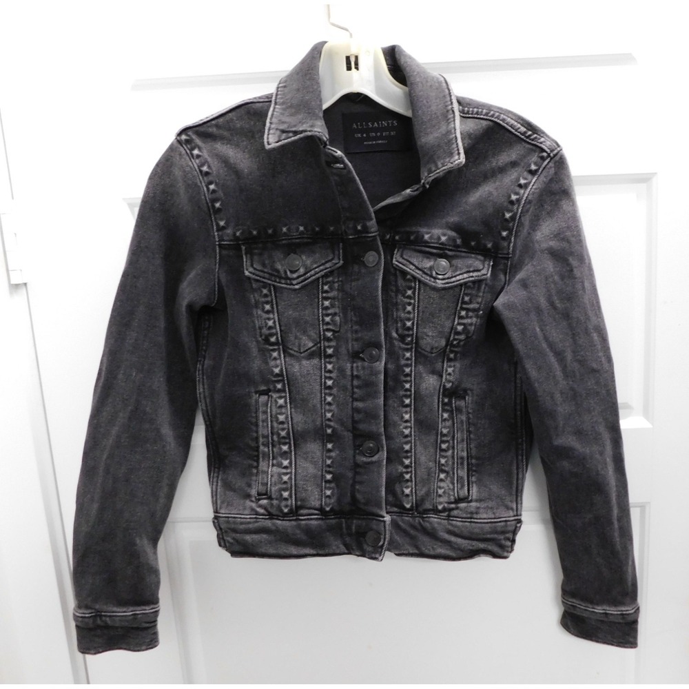 All Saints Hay Imbedded Studs Black Denim Jacket Woman's sz 0